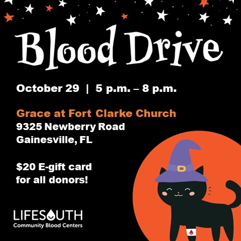 Blood Drive on October 29 at 5 to 9pm. Donors will receive $20 e-gift card.